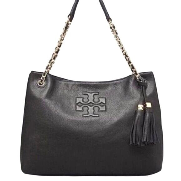 Tory Burch Thea Chain Slouchy Shoulder Bag $495 black/gold logo tassels divided - Picture 3 of 14